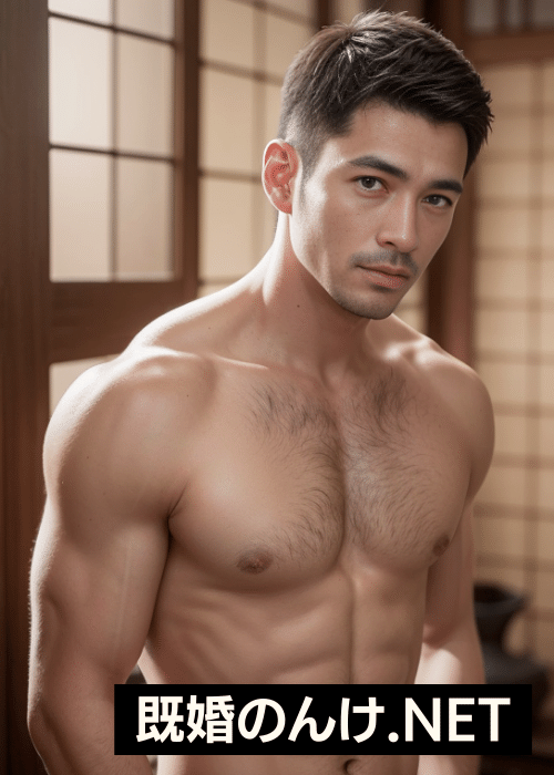 【画像生成AI】AIでゲイ受けするイイ男を作ってみた。和室の37歳の男性。短髪。普通体型。上半身裸。下半身は下着。アジア人。