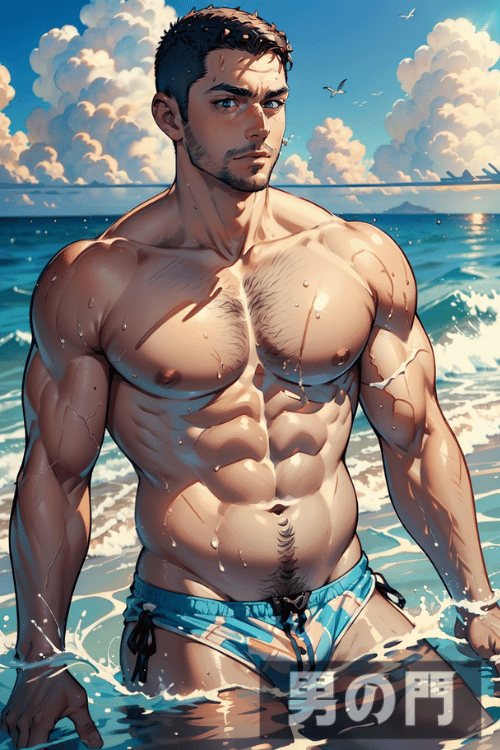 画像生成AIで作ったアニメ風男性画像
テーマは『海と野郎』