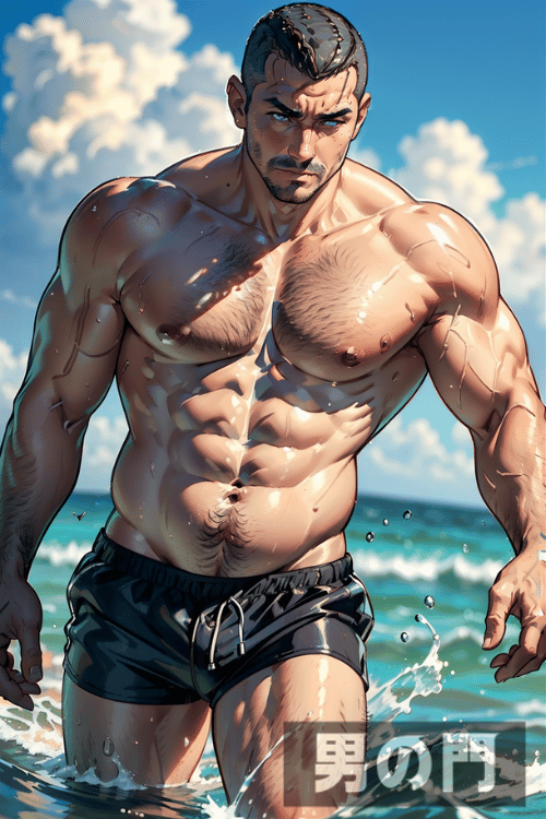 画像生成AIで作ったアニメ風男性画像
テーマは『海と野郎』