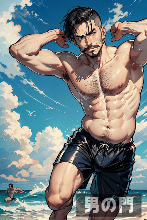 画像生成AIで作ったアニメ風男性画像
テーマは『海と野郎』