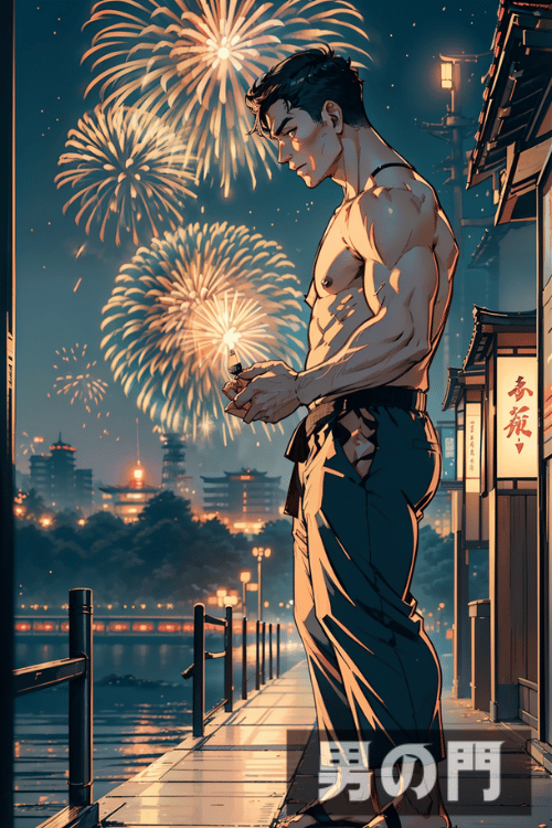 花火と野郎【AI画像生成で作ったリアルすぎるアニメ画像】