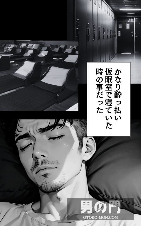 【男の門｜ゲイ｜体験談｜エロアニメ】サウナの仮眠室で寝ていると股間に違和感を感じた…『終電を逃した夜』