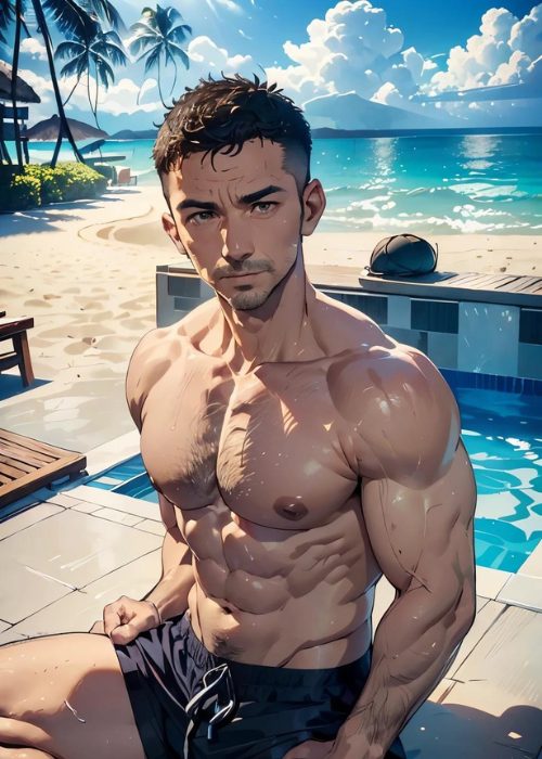 男の門・禁断の体験談【ゲイAIエロアニメ】ビーチにいる47歳のイケオジ