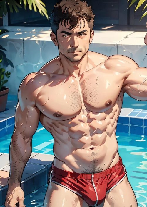 男の門・禁断の体験談【ゲイAIエロアニメ】プールサイドのイケオジ